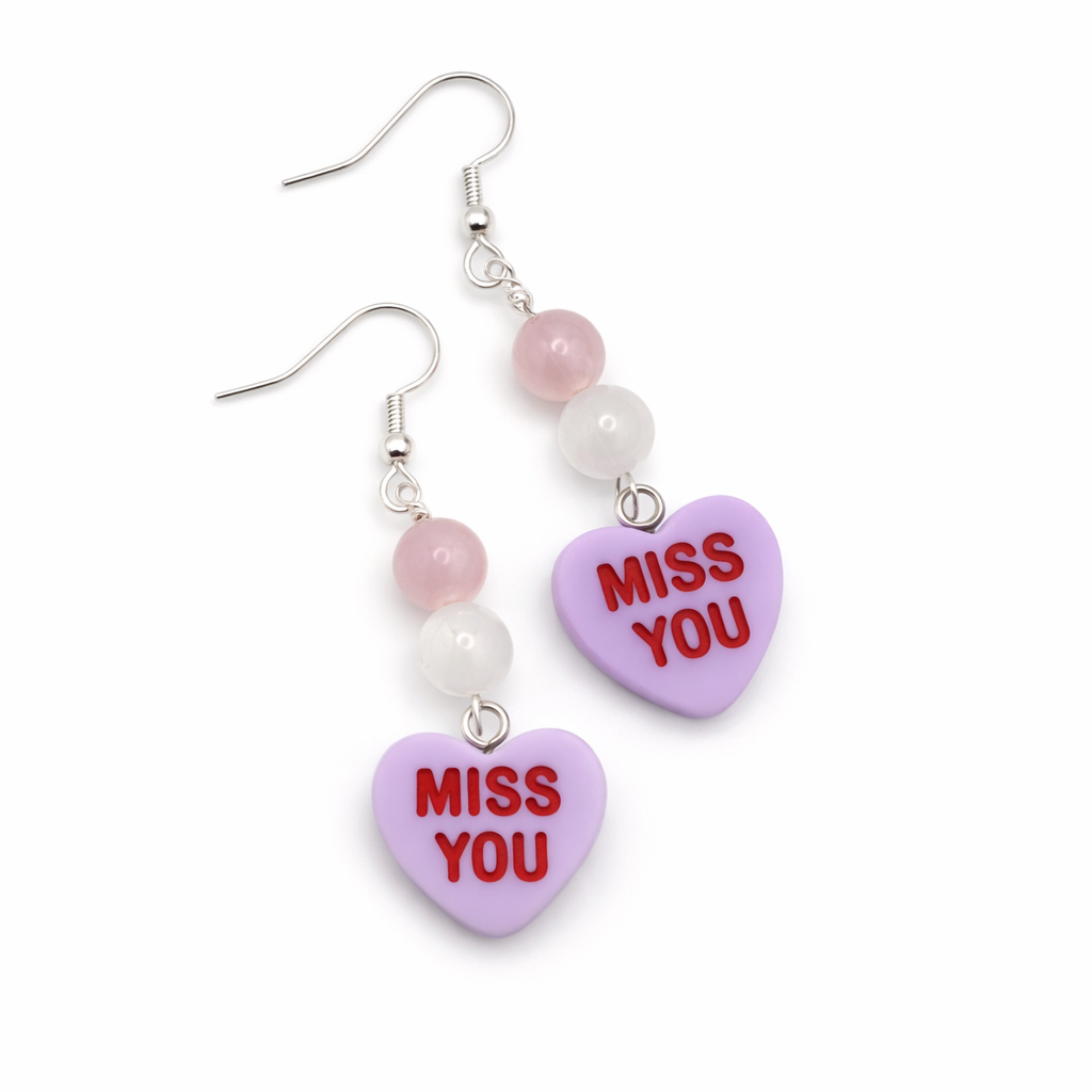 Valentine's Day Miss You Sterling Silver Moonstone & Rose Quartz Dangles
