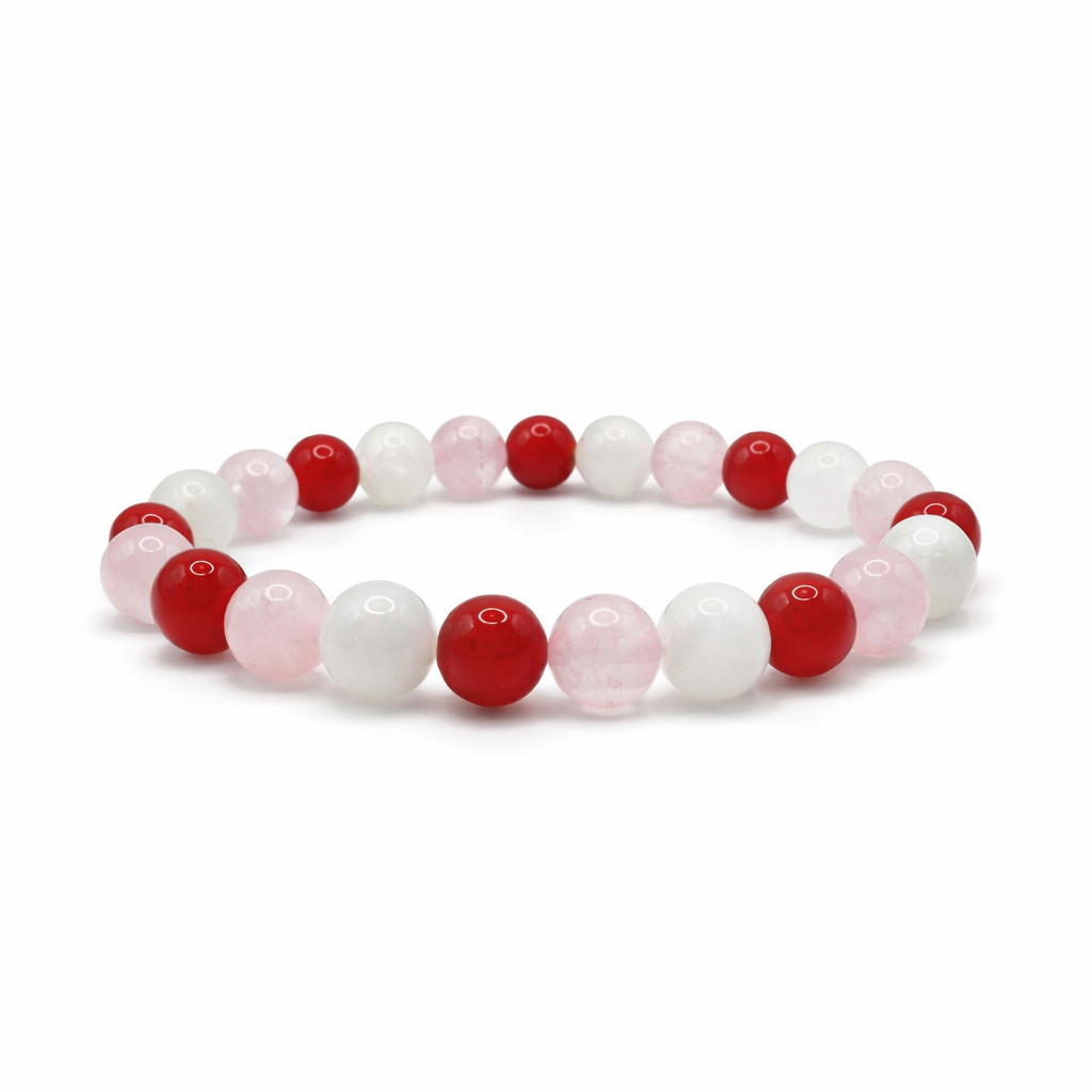 Valentine's Day Rose Quartz, White Jade & Red Jade Crystal Bracelet