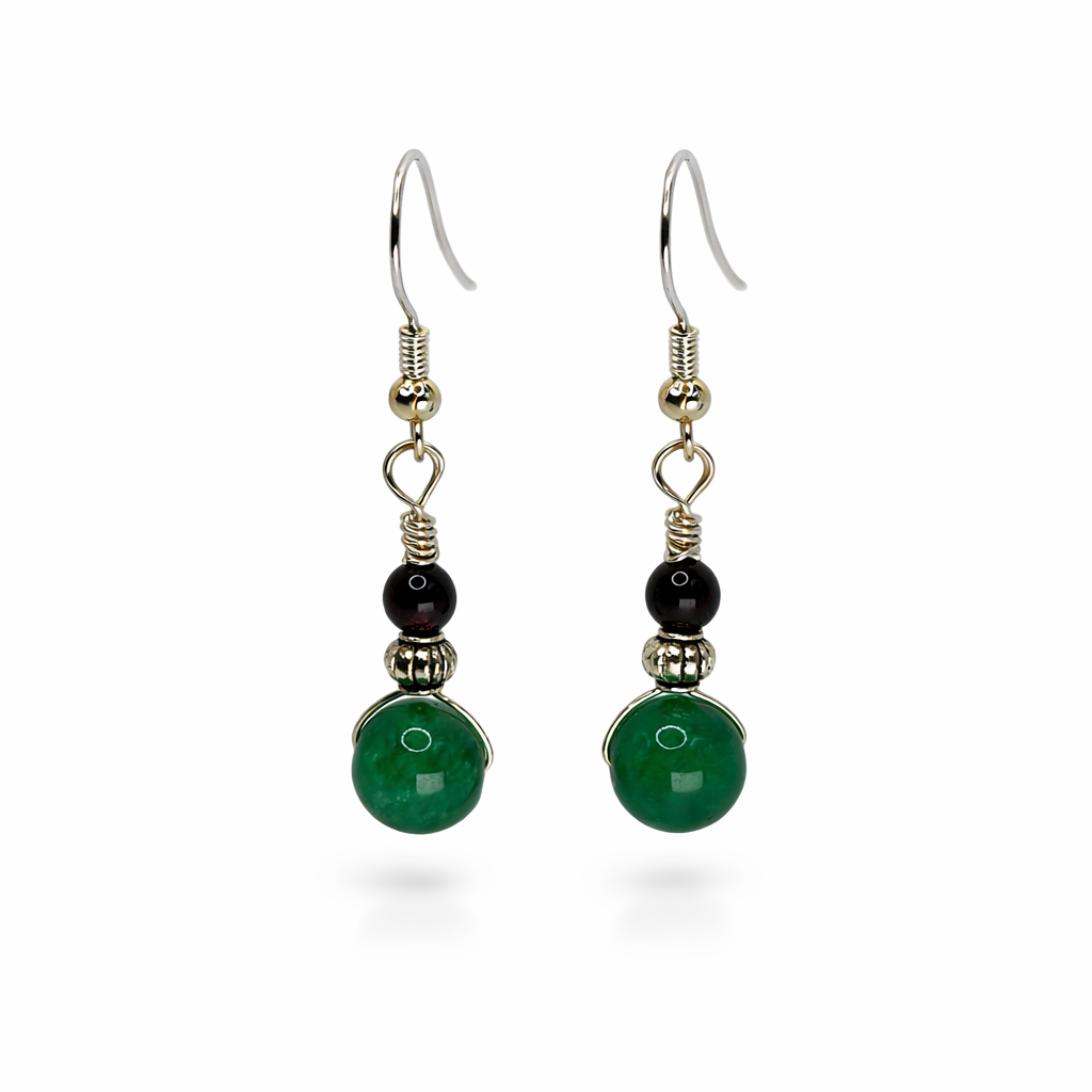 Green Jade and Garnet Sterling Silver Dangle Earrings
