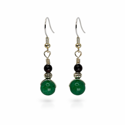 Green Jade and Garnet Sterling Silver Dangle Earrings