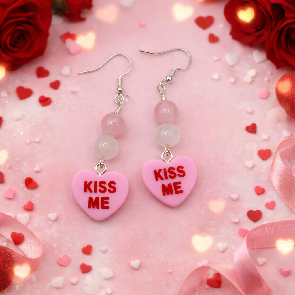 Kiss Me Sterling Silver White Jade & Rose Quartz Dangle Earrings