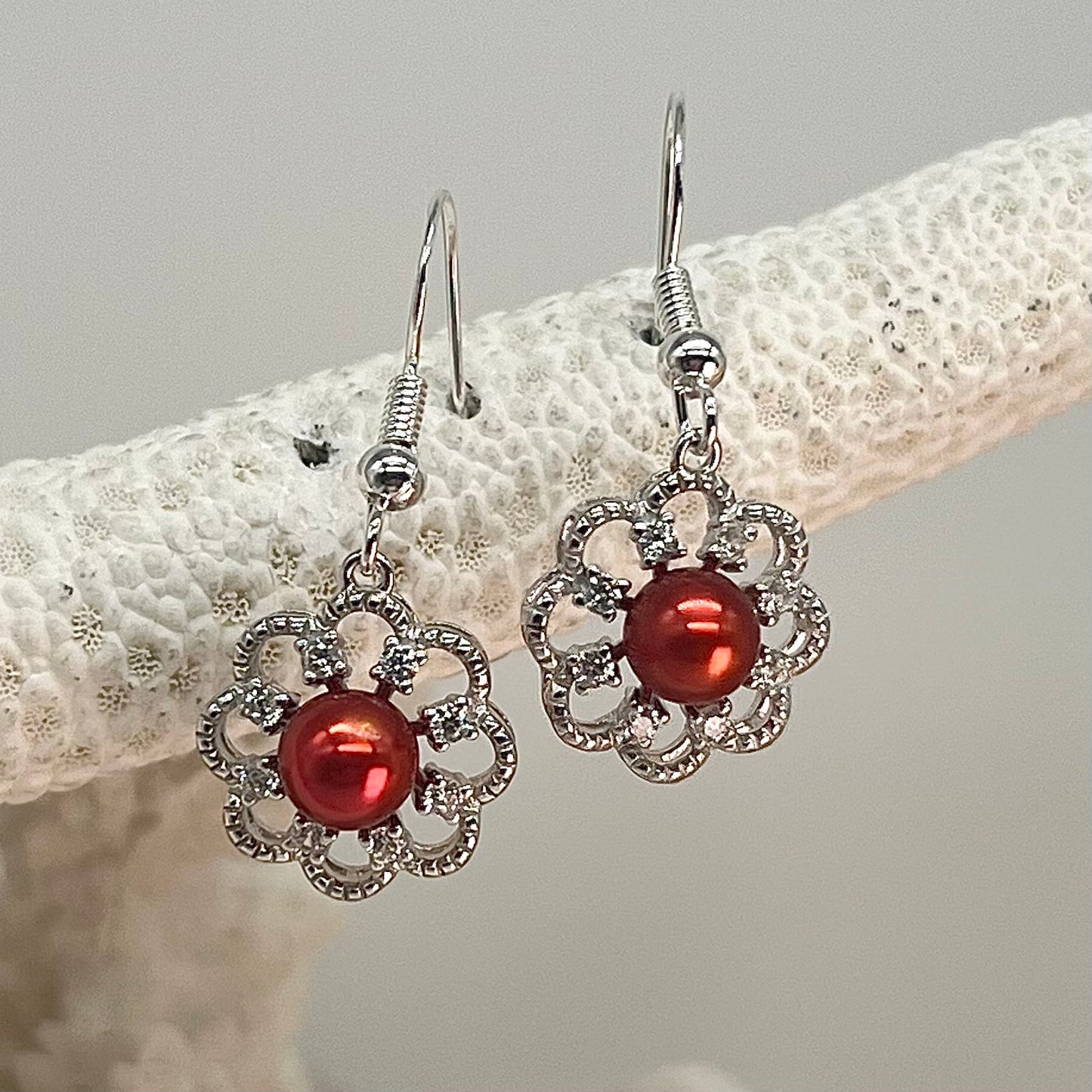 In Bloom Custom Sterling Silver Dangle Earrings with Red Pearls