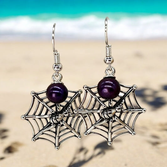 Creeping Around Sterling Silver Custom Spider Dangle Earrings - Deep Purple Pearls Included