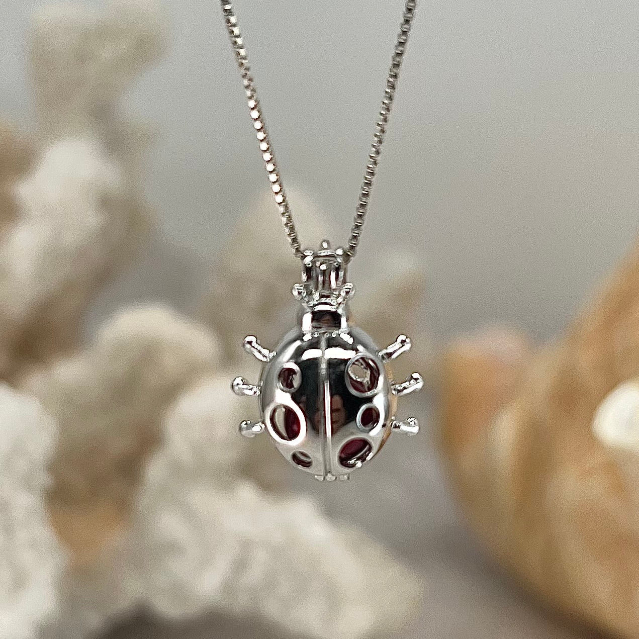 Fly Away Lady Bug Sterling Silver Cage Pendant