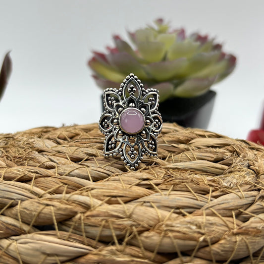 Sterling Silver Plated Boho Rose Quartz Crystal Ring - Size 8.5