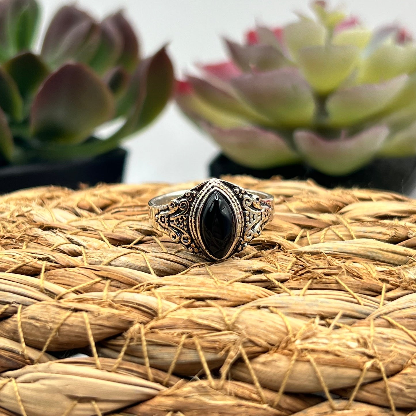 Silver Plated Black Obsidian Ring - Size 8