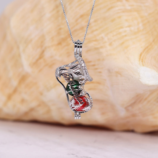 Merry Christmas Stocking Sterling Silver cage pendant